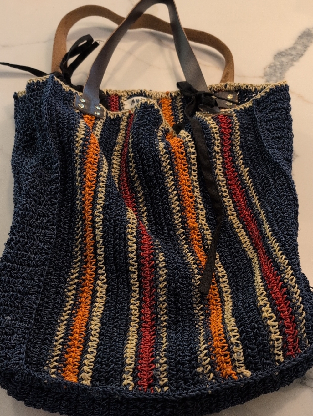 Striped Navy Knit Tote with Leather Handles